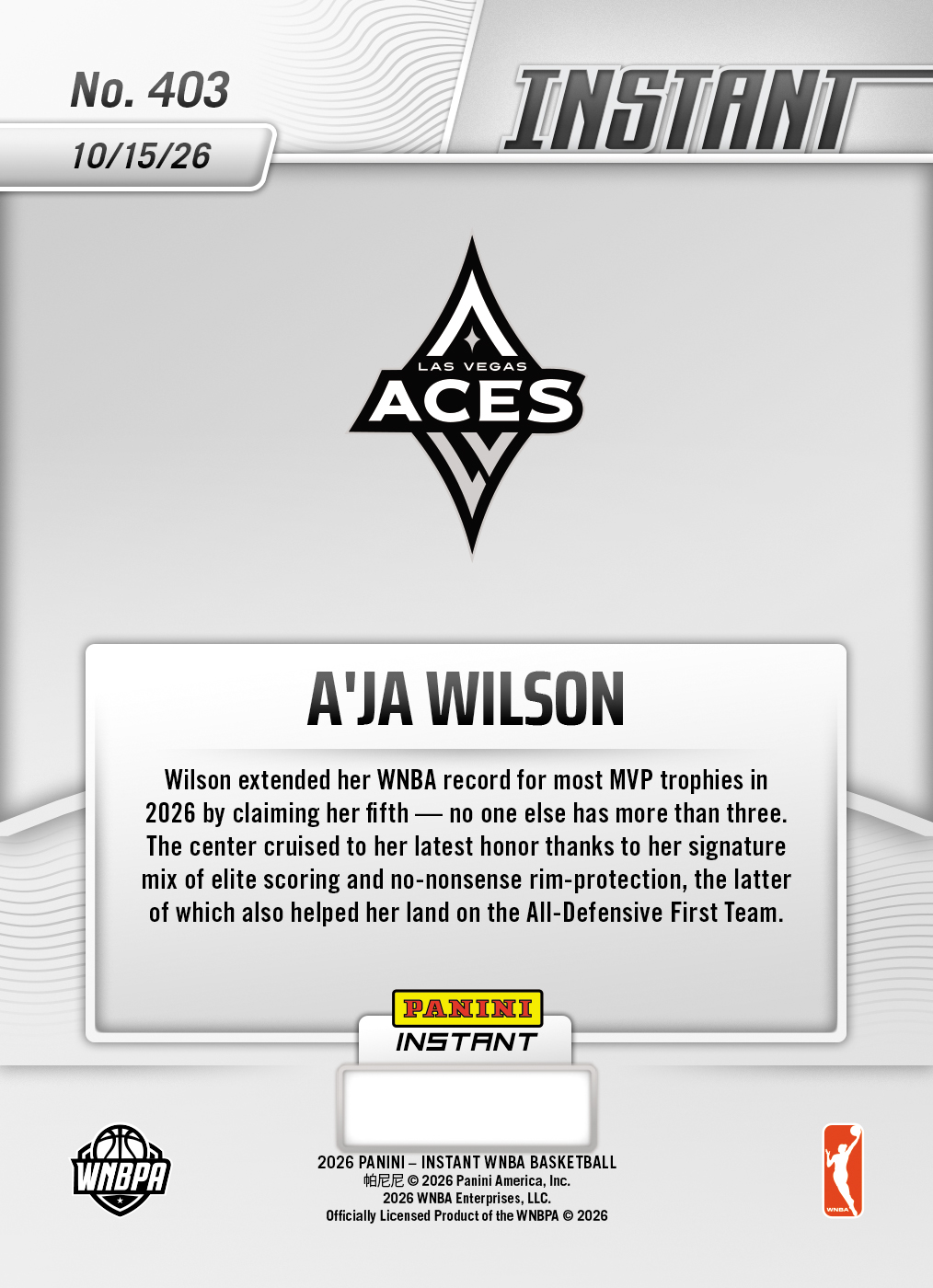 Product thumbnail image 2 of A'ja Wilson - 2026 Panini Instant WNBA #403 - Base Card 25-pack