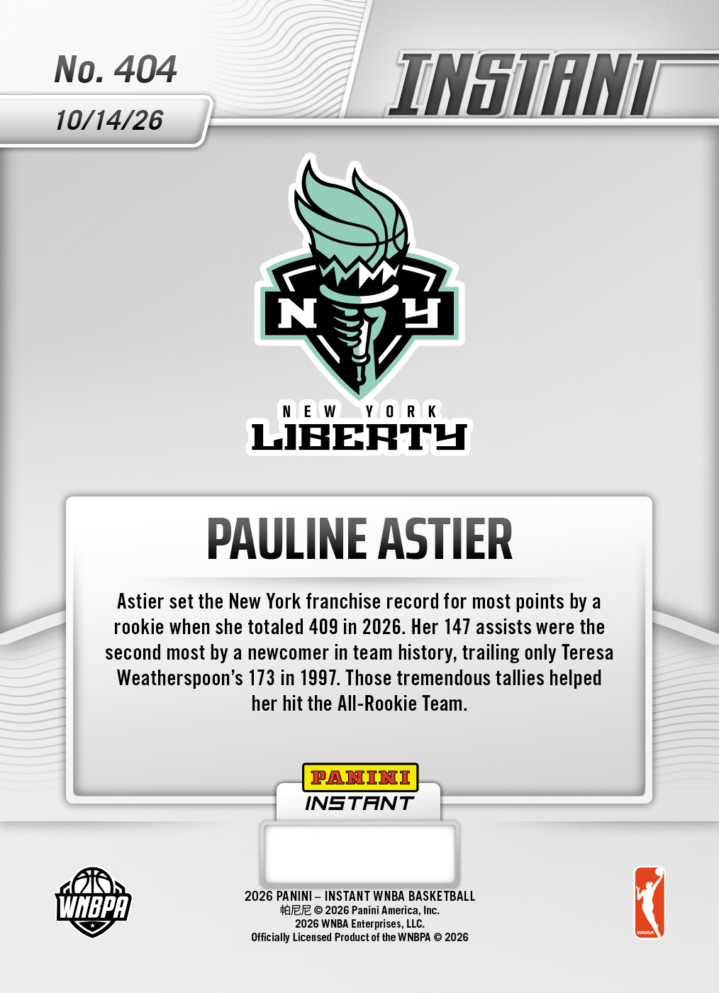 Product thumbnail image 2 of Pauline Astier - 2026 Panini Instant WNBA #404 - Base Card 10-pack