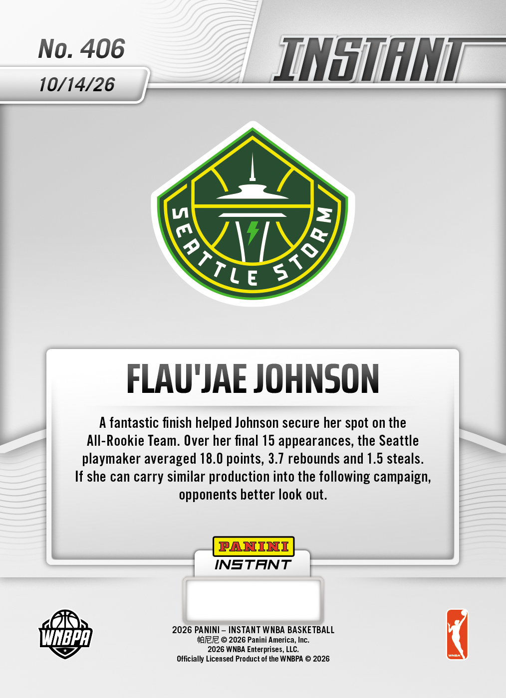 Product thumbnail image 2 of Flau'jae Johnson - 2026 Panini Instant WNBA #406 - Base Card 10-pack