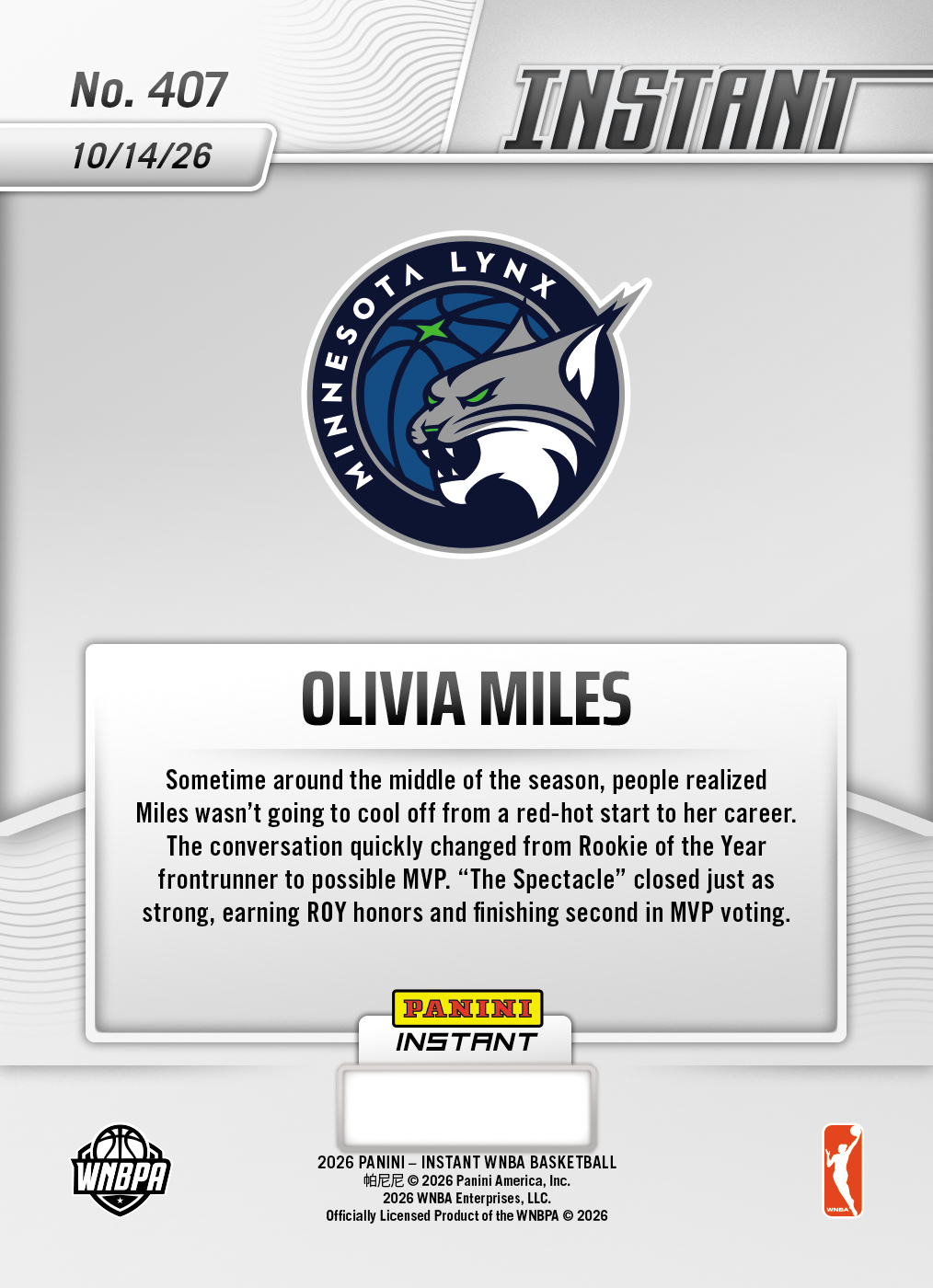 Product thumbnail image 2 of Olivia Miles - 2026 Panini Instant WNBA #407 - Base Card 5-pack