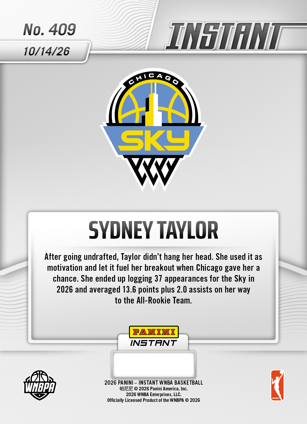 Product thumbnail image 2 of Sydney Taylor - 2026 Panini Instant WNBA #409 - Base Card 25-pack