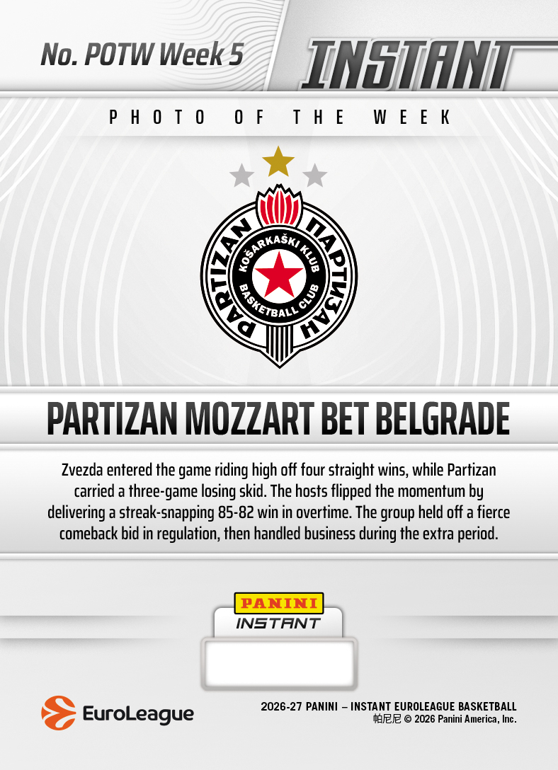Product thumbnail image 2 of Partizan Mozzart Bet Belgrade - 2026-27 Panini Instant EuroLeague Photo of the Week #5 - Base Card 5-pack