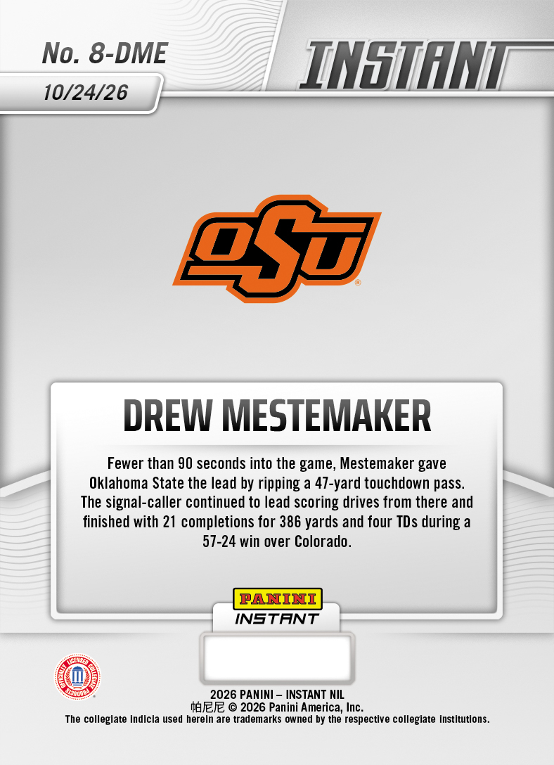 Product thumbnail image 2 of Drew Mestemaker - 2026 Panini Instant NIL College Football #8-DME - Base Card 5-pack