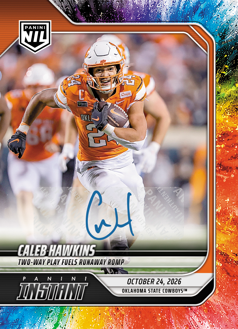 Detailed Image of Caleb Hawkins - 2026 Panini Instant NIL College Football #8-CAL - Color Blast /10 Auto