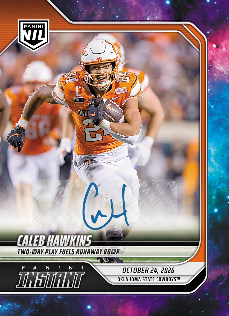 Detailed Image of Caleb Hawkins - 2026 Panini Instant NIL College Football #8-CAL - Galaxy 1/1 Auto