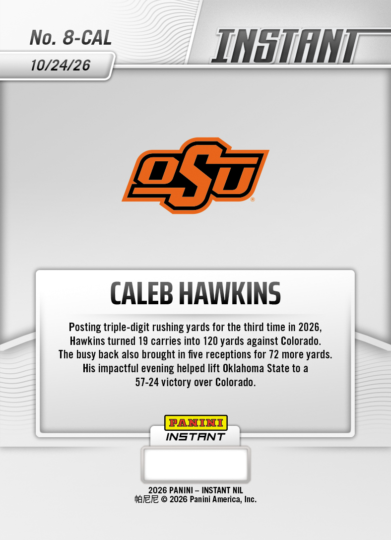 Product thumbnail image 2 of Caleb Hawkins - 2026 Panini Instant NIL College Football #8-CAL - Base Card 5-pack
