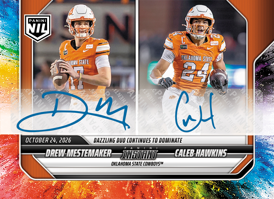 Detailed Image of Drew Mestemaker/Caleb Hawkins - 2026 Panini Instant NIL College Football #8-OSU - Color Blast /10 Auto