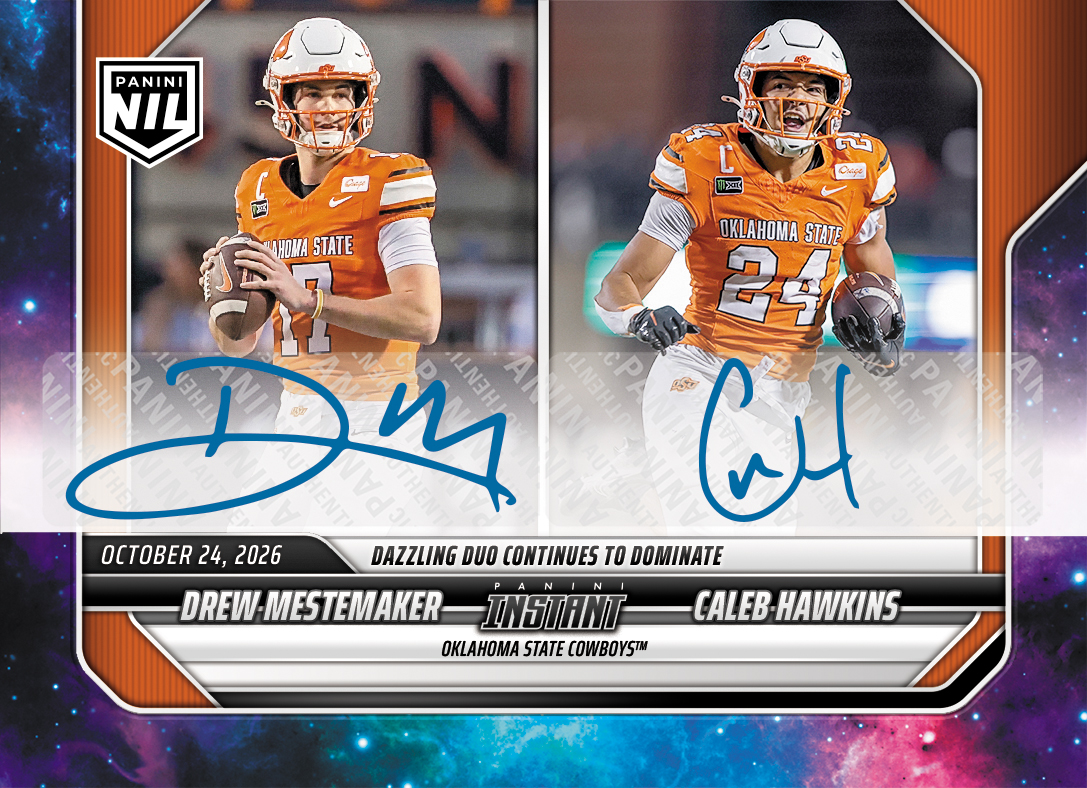 Detailed Image of Drew Mestemaker/Caleb Hawkins - 2026 Panini Instant NIL College Football #8-OSU - Galaxy 1/1 Auto