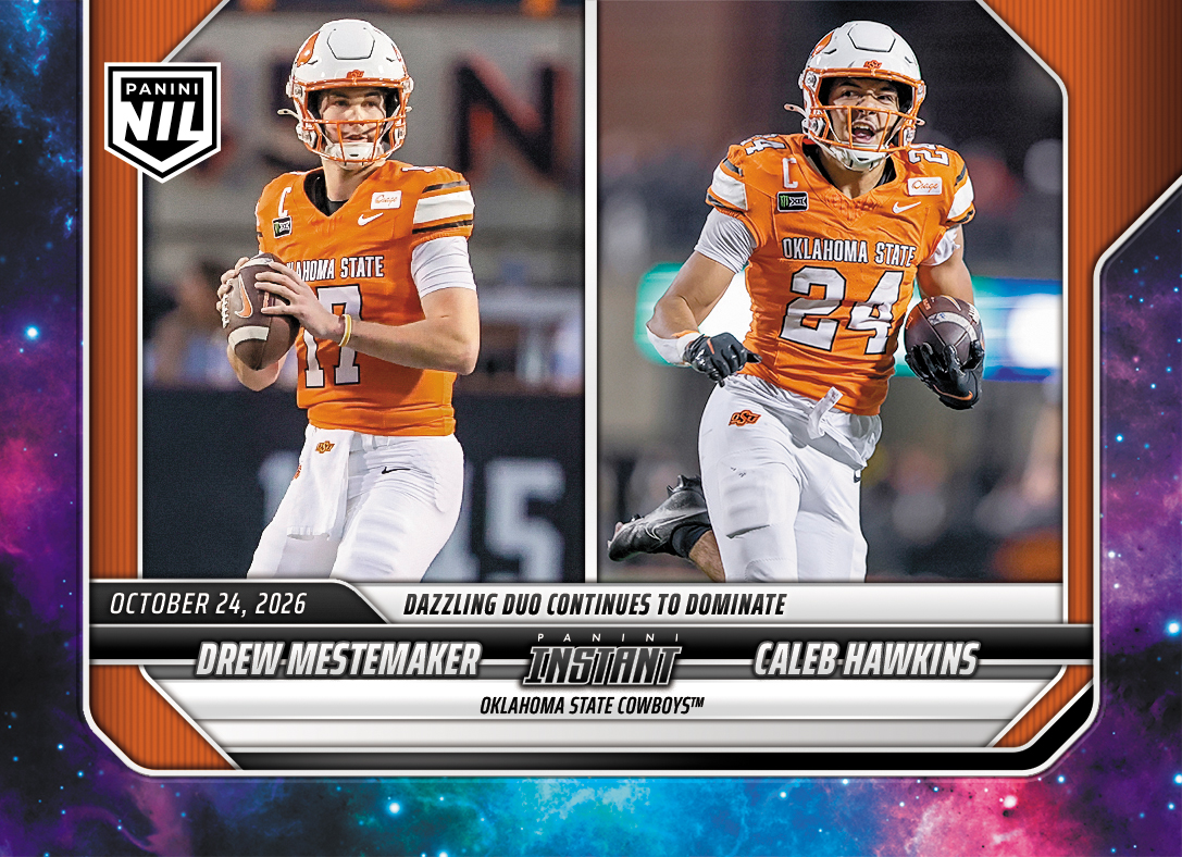 Detailed Image of Drew Mestemaker/Caleb Hawkins - 2026 Panini Instant NIL College Football #8-OSU - Galaxy 1/1