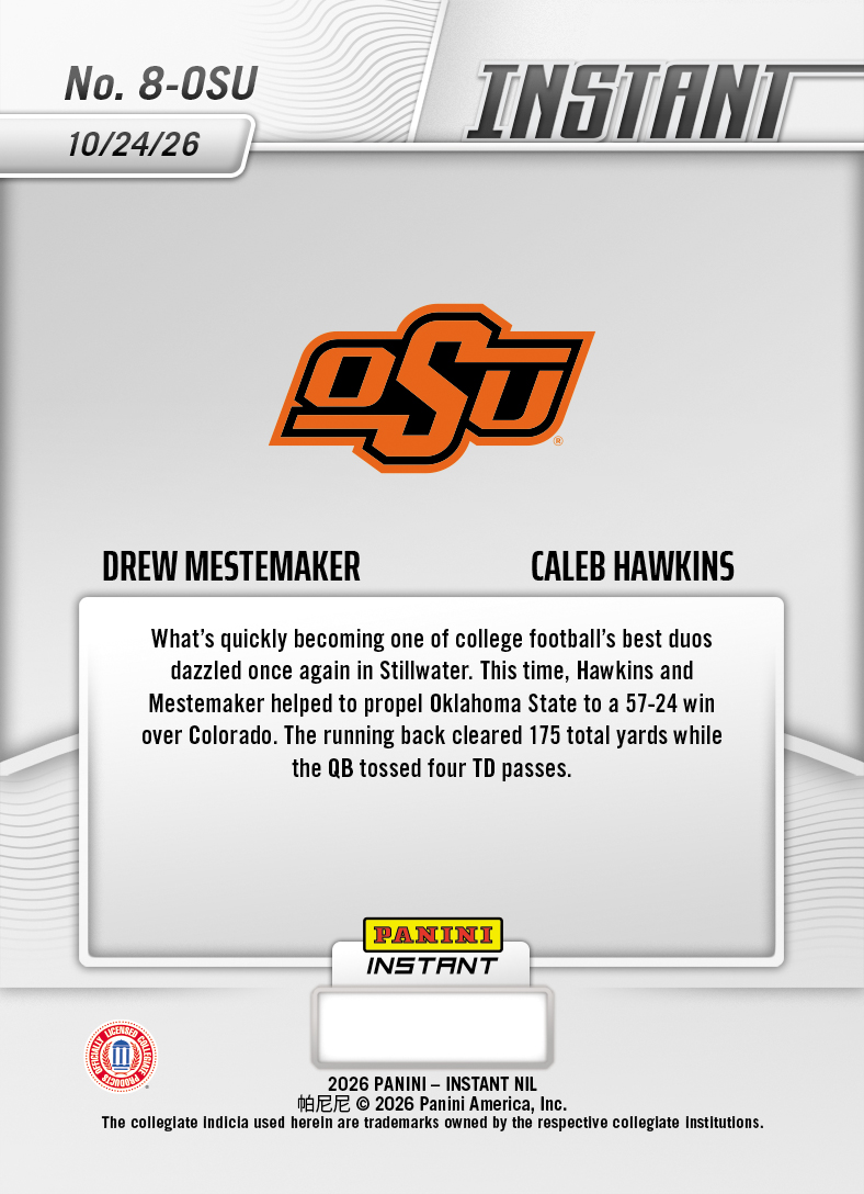 Product thumbnail image 2 of Drew Mestemaker/Caleb Hawkins - 2026 Panini Instant NIL College Football #8-OSU - Base Card 25-pack