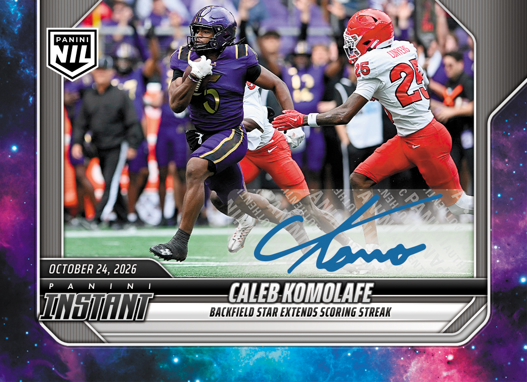 Detailed Image of Caleb Komolafe - 2026 Panini Instant NIL College Football #8-CAL - Galaxy 1/1 Auto