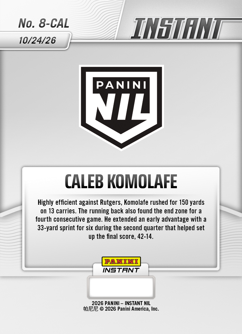 Product thumbnail image 2 of Caleb Komolafe - 2026 Panini Instant NIL College Football #8-CAL - Base Card 5-pack