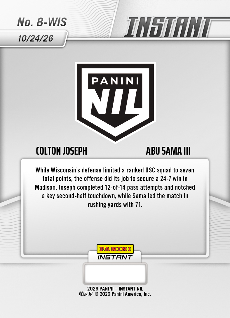 Product thumbnail image 2 of Colton Joseph/Abu Sama III - 2026 Panini Instant NIL College Football #8-WIS - Base Card 25-pack