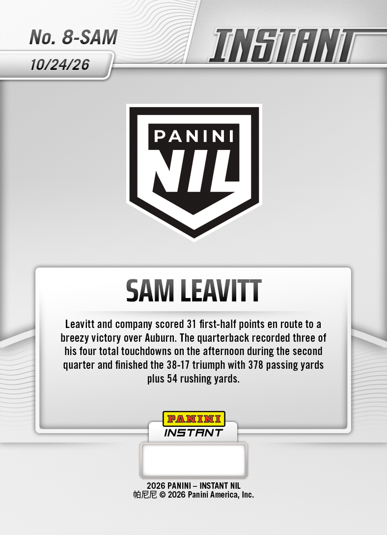 Product thumbnail image 2 of Sam Leavitt - 2026 Panini Instant NIL College Football #8-SAM - Base Card 10-pack