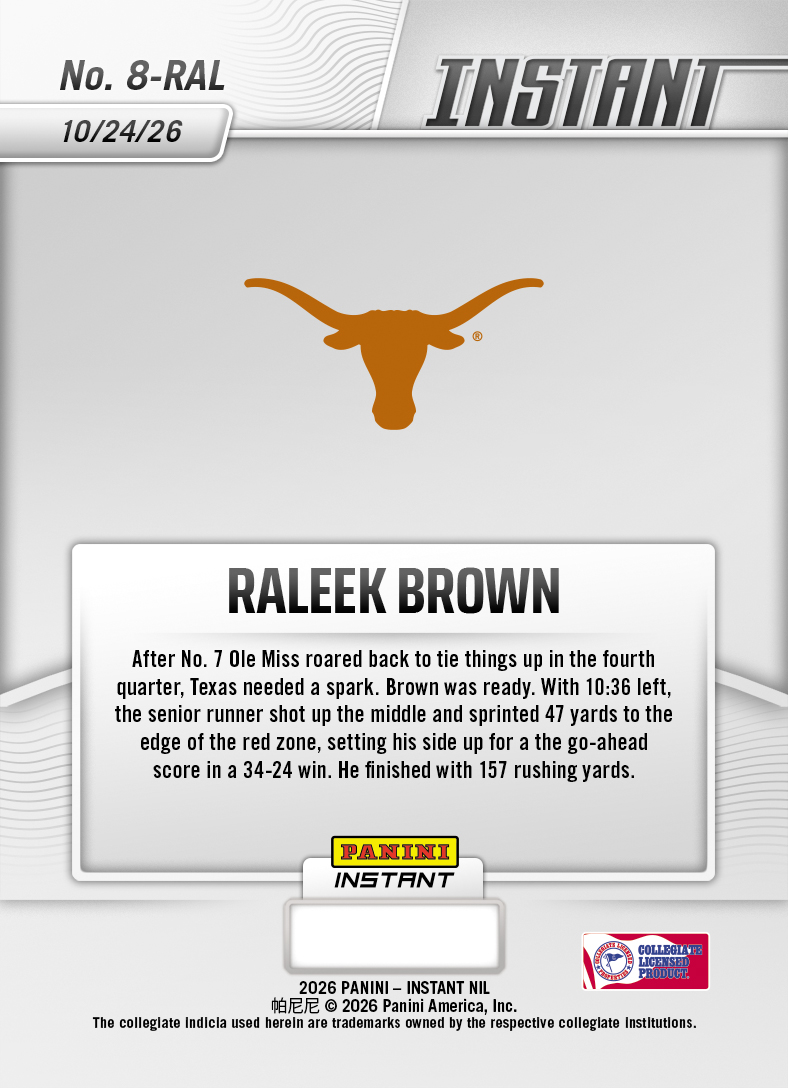 Product thumbnail image 2 of Raleek Brown - 2026 Panini Instant NIL College Football #8-RAL - Base Card 5-pack