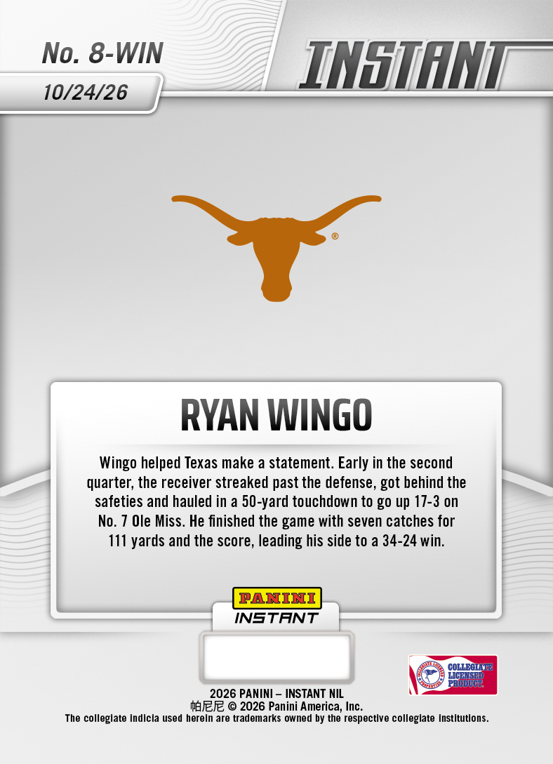 Product thumbnail image 2 of Ryan Wingo - 2026 Panini Instant NIL College Football #8-WIN - Base Card 5-pack