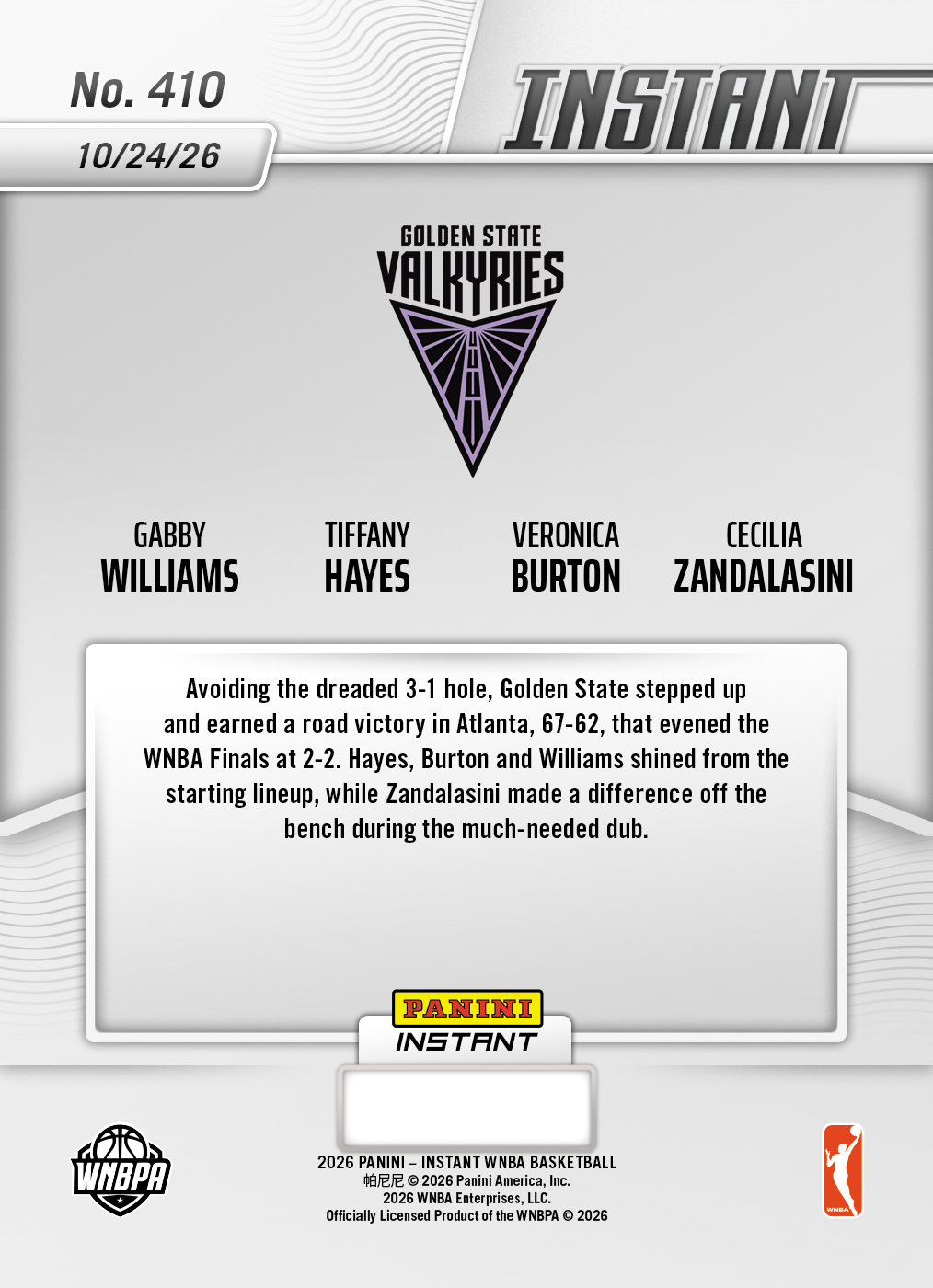 Product thumbnail image 2 of Gabby Williams/Tiffany Hayes/Veronica Burton/Cecilia Zandalasini - 2026 Panini Instant WNBA #410 - Base Card 5-pack