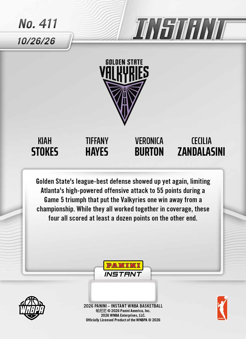Product thumbnail image 2 of Kiah Stokes/Tiffany Hayes/Veronica Burton/Cecilia Zandalasini - 2026 Panini Instant WNBA #411 - Base Card 25-pack