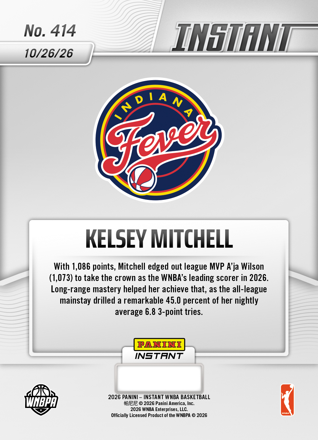 Product thumbnail image 2 of Kelsey Mitchell - 2026 Panini Instant WNBA #414 - Base Card