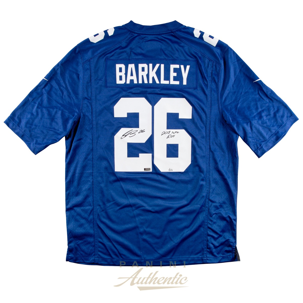 Saquon Barkley Autographed New York Giants Nike Replica Jersey with '2018  NFL ROY' Inscription ~Limited Edition to 126~