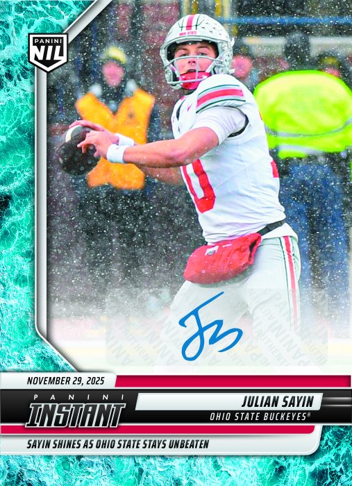 Product image for - Julian Sayin - 2025 Panini Instant NIL College Football #JSG - Water /10 Auto
