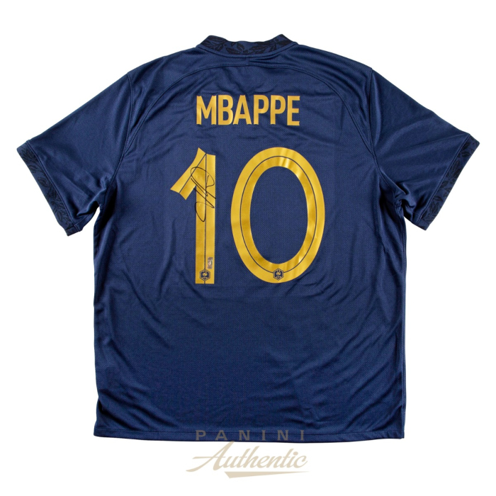 Product image for - Kylian Mbappe Autographed 2022 France National Team Replica Navy Blue Home Jerse