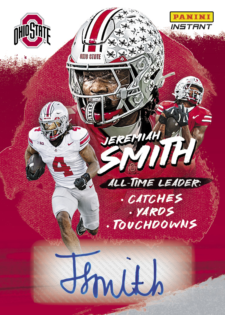 Detailed Image of Jeremiah Smith Record Breaker #RB-JS - 2026 Panini Instant NIL College Football - Scarlet /25 Auto