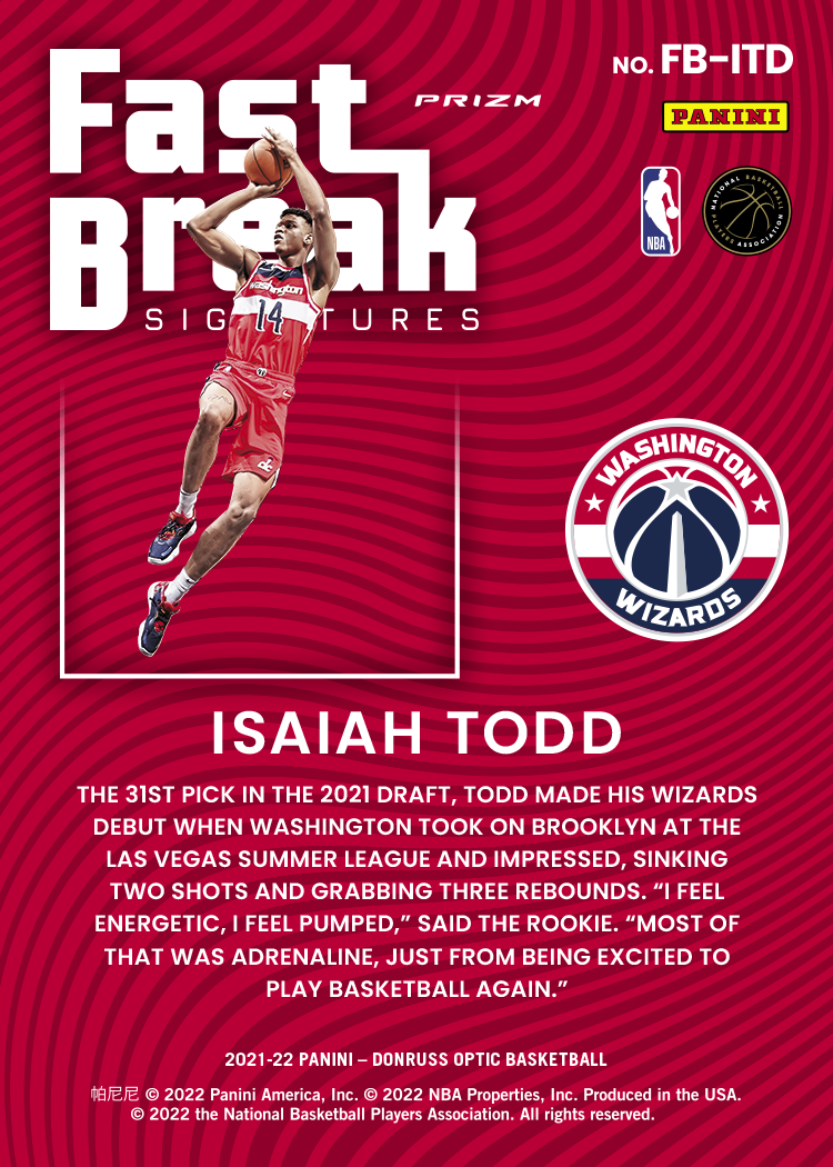 Isaiah Todd - Washington Wizards - Game-Worn 2021 Summer League