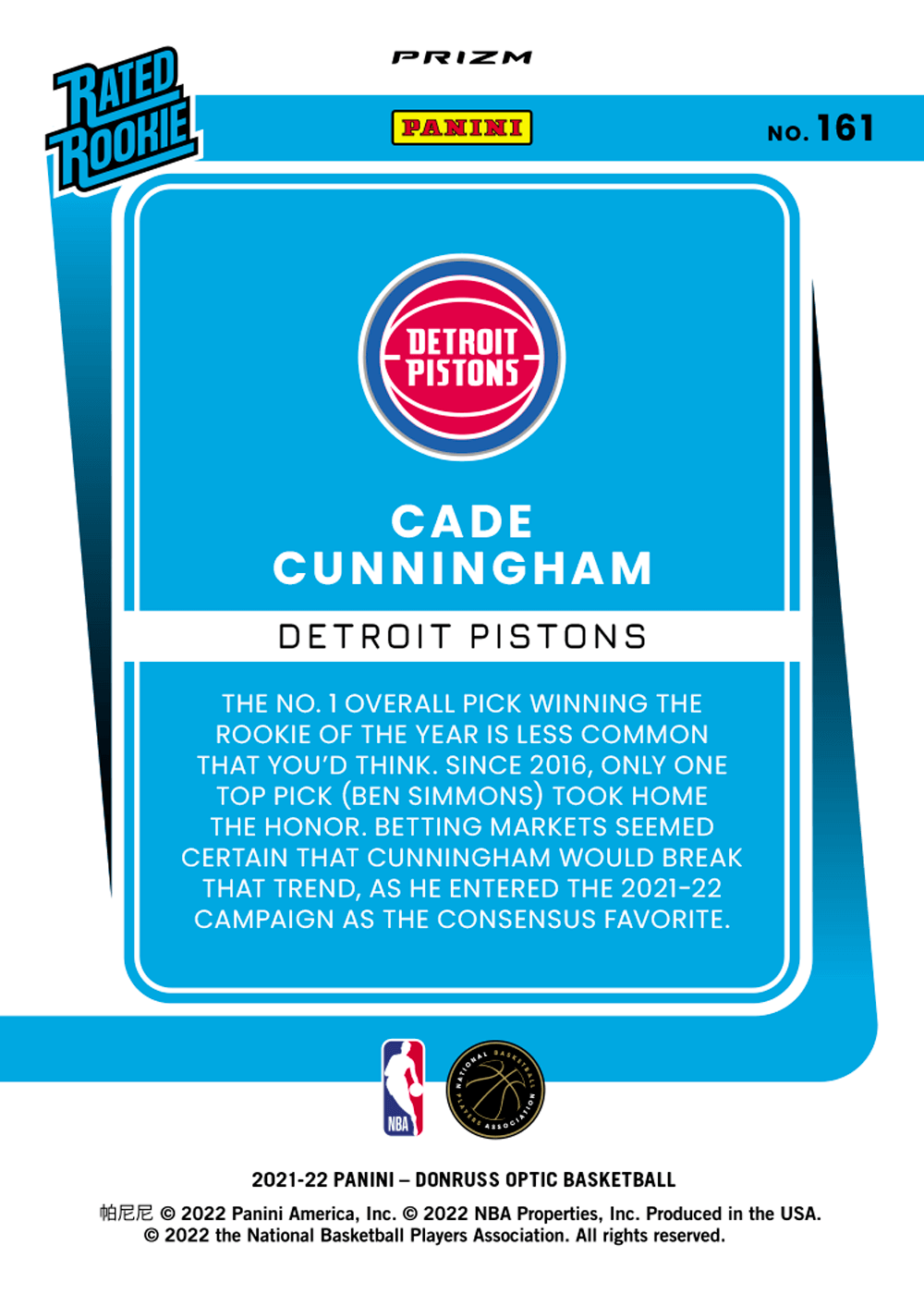 Cade Cunningham 2021-22 Panini Donruss Optic Rated Rookie