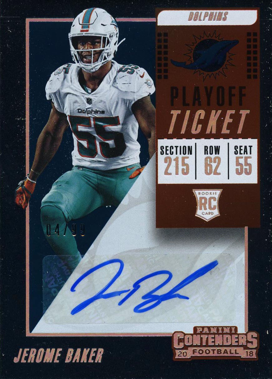 Jerome Baker -2018 Contenders Rookie Playoff Ticket/Rookie Playoff Ticket  Variation