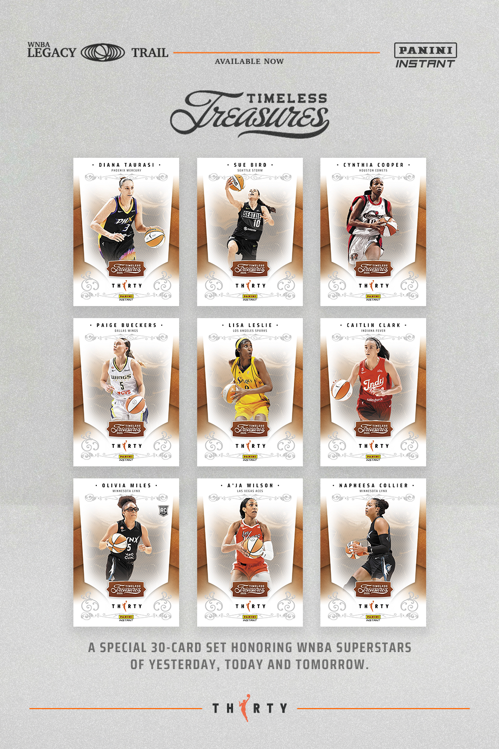 Detailed Image of 30-Card 2026 Panini Instant WNBA Timeless Treasures Set #1-30 - Base Set with Random /5 Parallel